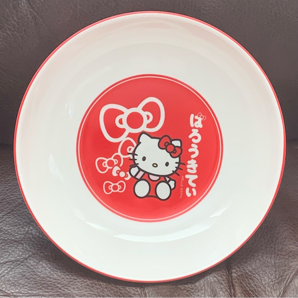 Hello Kitty 9” Ceramic Dinner Bowl Red & White Bows Japanese Letters